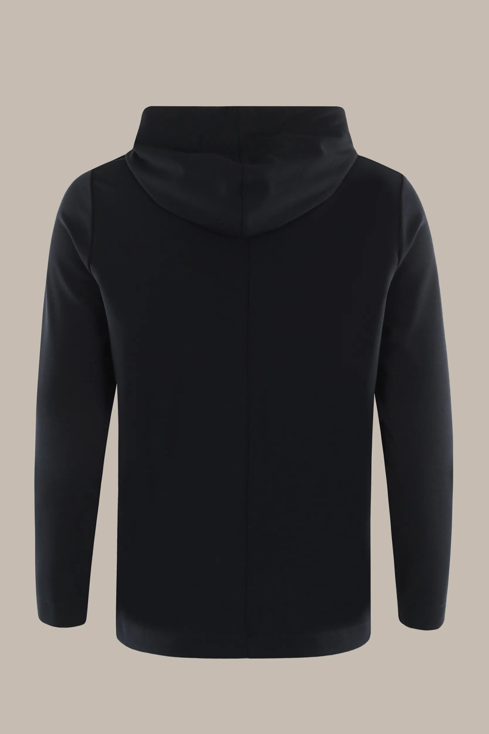 Schwarzer Kapuzenpulli mit Reißverschluss, hohem Kragen und langen Ärmeln.