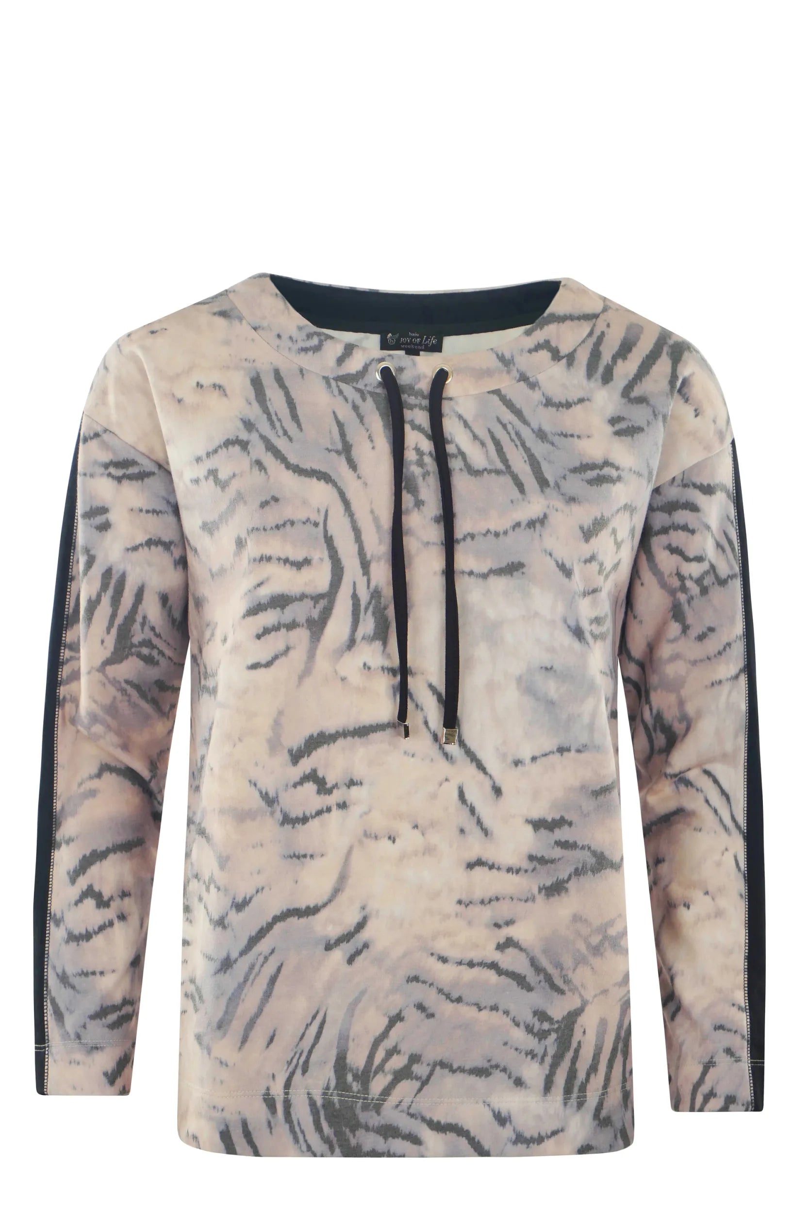 Beige-schwarzer Kapuzenpullover mit abstraktem Print und Kordelzug.