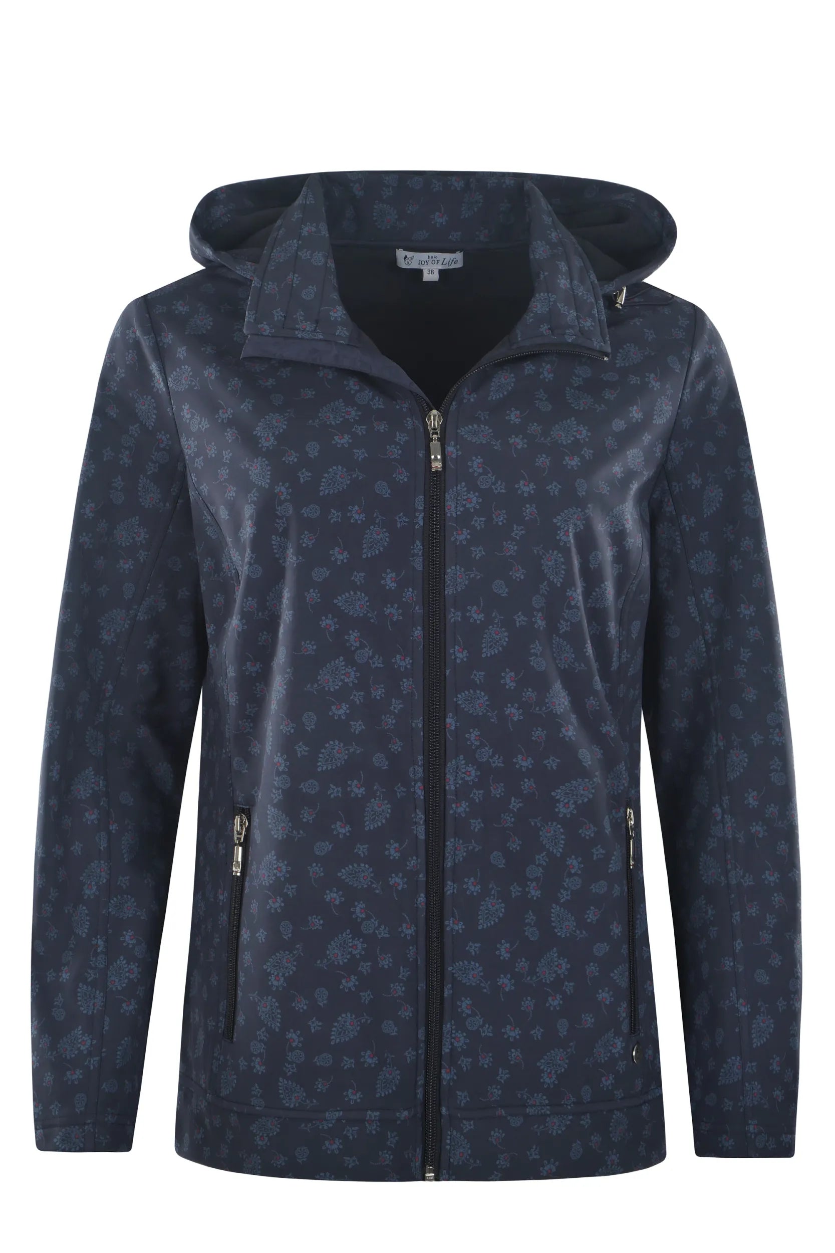 Marineblaue Jacke mit Blumendruck und Reißverschluss, mit Kapuze und Taschen.