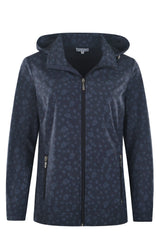 Marineblaue Jacke mit Blumendruck und Reißverschluss, mit Kapuze und Taschen.