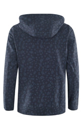 Marineblauer Kapuzenpullover mit Leopardenmuster, Kapuze und Reißverschluss.