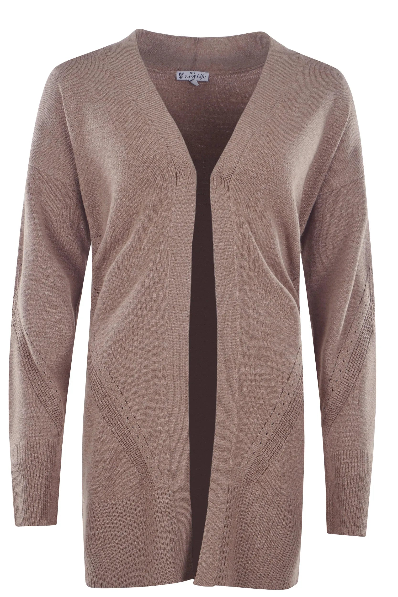 Brauner strukturierter Cardigan-Pullover mit offener Vorderseite und langen Ärmeln.