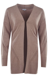 Brauner strukturierter Cardigan-Pullover mit offener Vorderseite und langen Ärmeln.