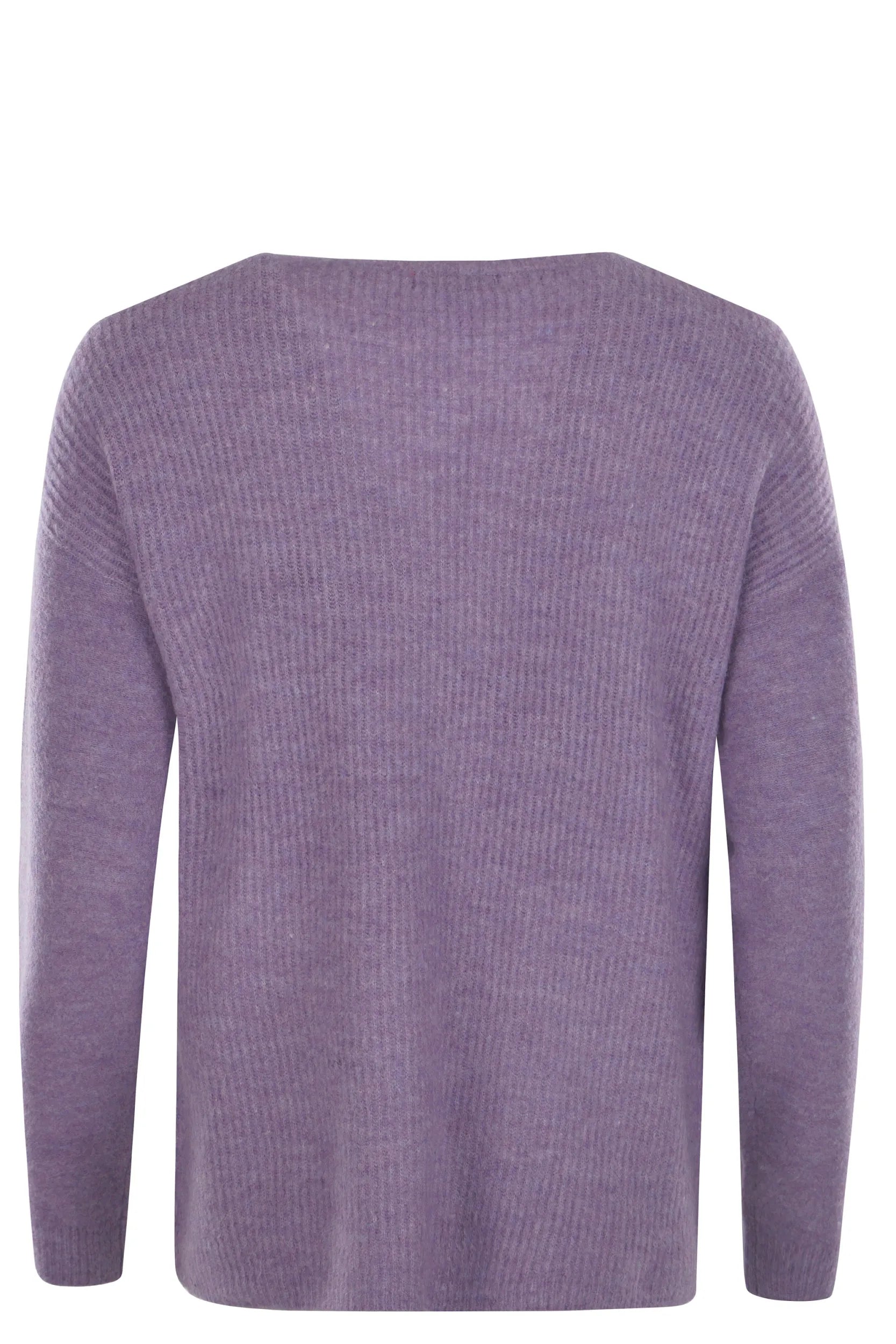Lavendelfarbener gerippter Pullover mit langen Ärmeln und Rundhalsausschnitt.