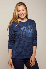 Marineblaues Sweatshirt mit ’Home’-Grafik, weiches Baumwollmaterial.