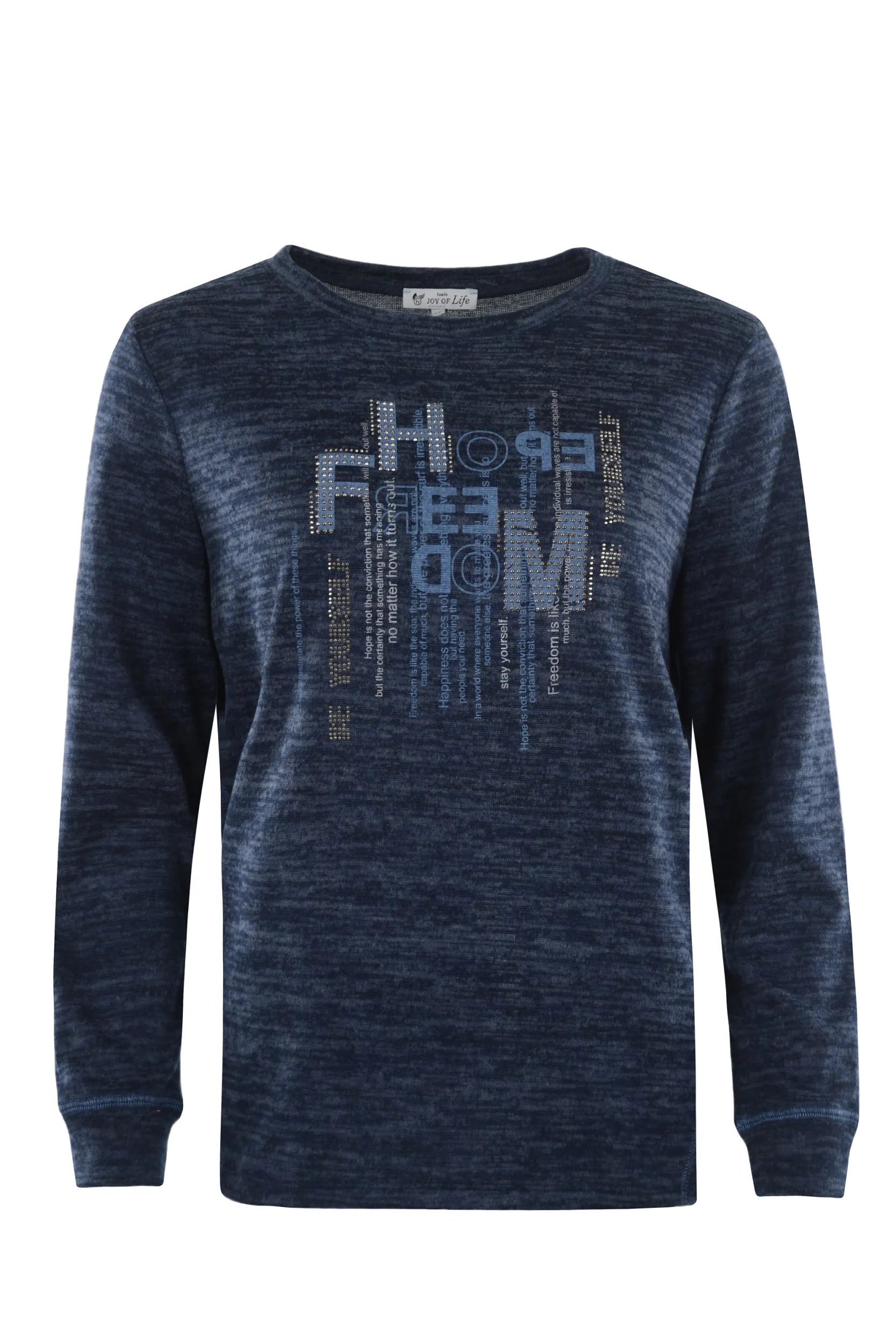 Marineblaues, langärmeliges Sweatshirt mit grafischem Motiv mit der Aufschrift ’Hope Freedom’ in Weiß und Grau.
