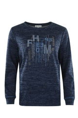 Marineblaues, langärmeliges Sweatshirt mit grafischem Motiv mit der Aufschrift ’Hope Freedom’ in Weiß und Grau.