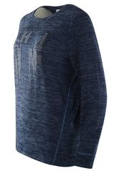 Marineblauer Pullover mit strukturiertem Muster und gerippten Bündchen, Kragen und Saum.