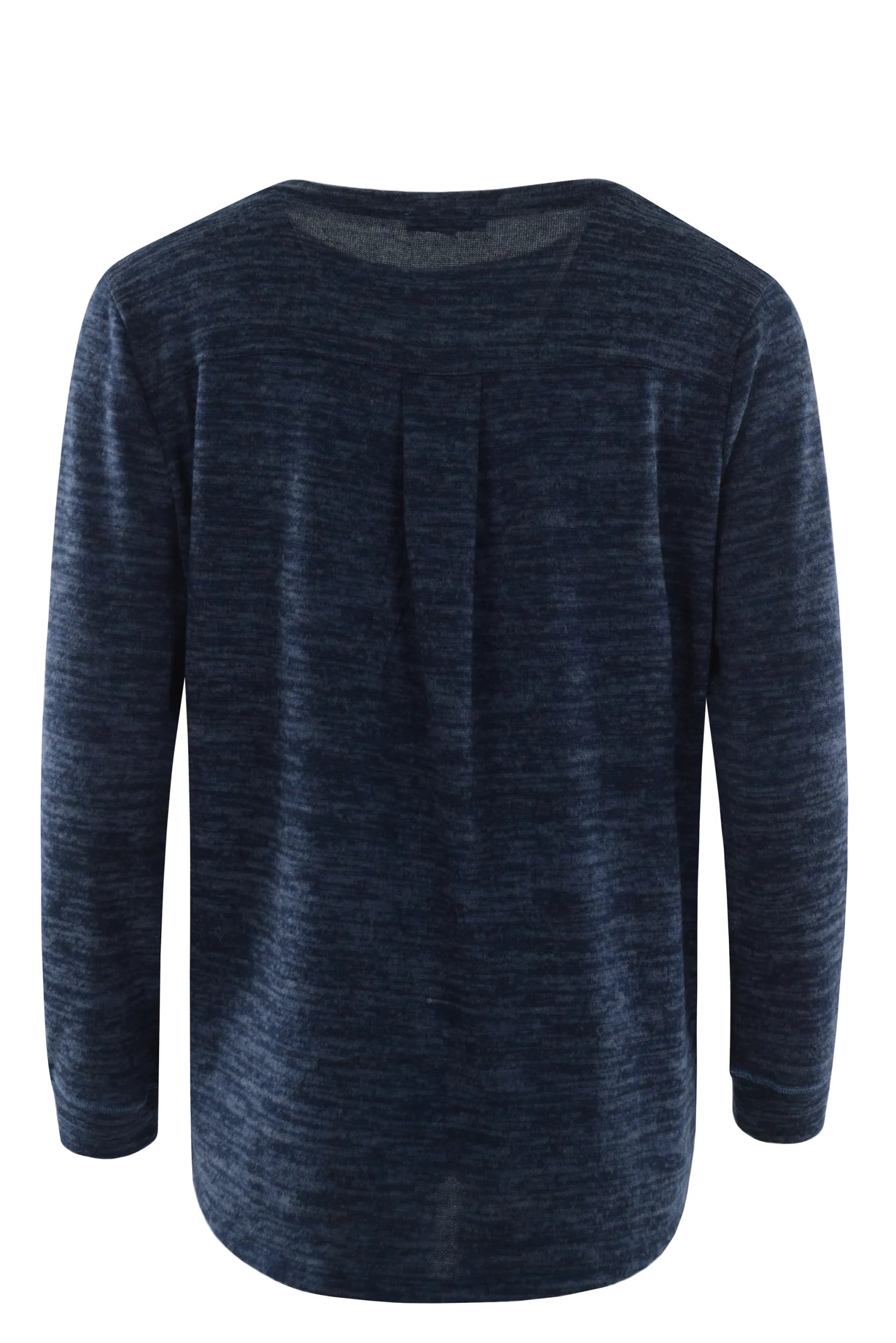 Marineblauer langärmeliger Pullover mit dezent marmorierter Struktur und Rundhalsausschnitt.