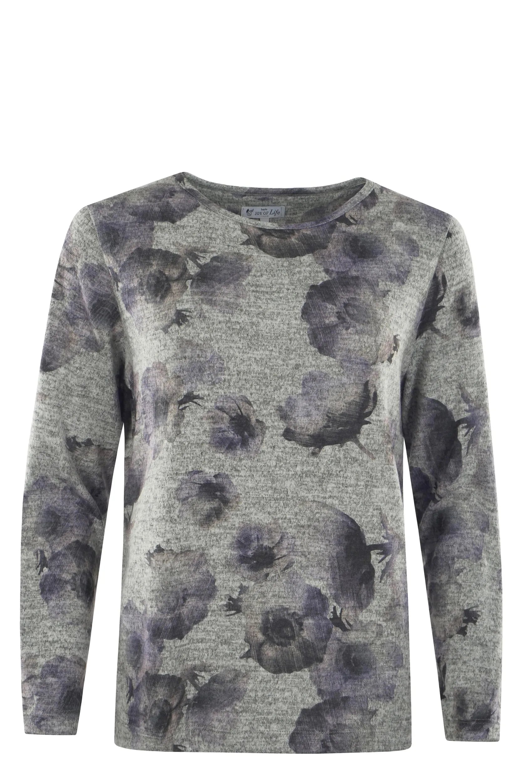 Grauer und schwarzer Pullover mit Blumendruck und langen Ärmeln.
