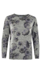Grauer und schwarzer Pullover mit Blumendruck und langen Ärmeln.