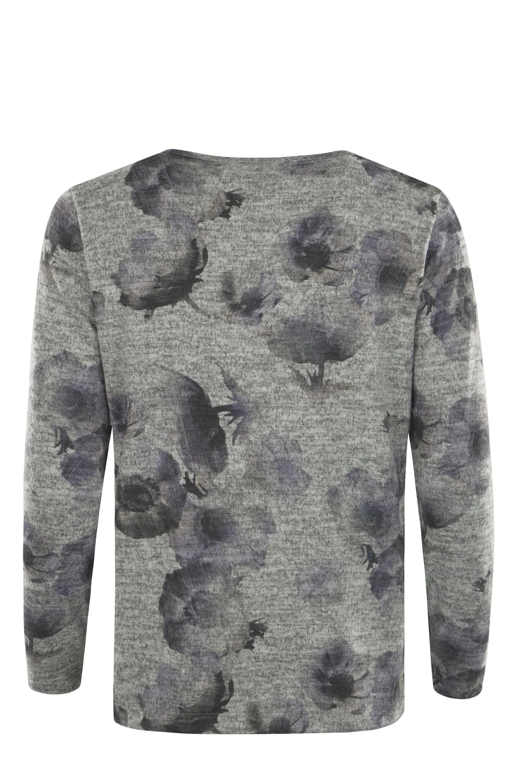 Grauer und schwarzer Pullover mit Blumendruck und langen Ärmeln.