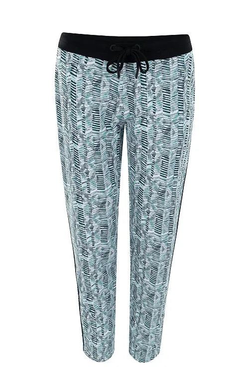 Damen sweathose mit grauem und schwarzem grafischem muster und solidem schwarz elastischem bund