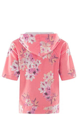 Damen sweatjacke mit blumendruck in rosa mit kapuze, kurzen ärmeln und passendem innenfutter