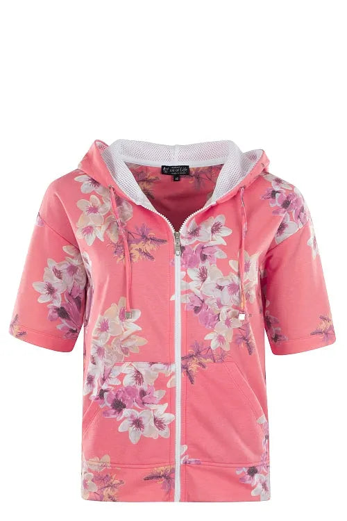 Damen sweatjacke blumendruck mit pinkem floralem muster, weißem reißverschluss und meshgefütterter kapuze