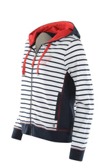 Gestreifter Kapuzenpulli mit roten Akzenten und marineblauem Futter, wahrscheinlich aus Baumwolle oder Polyestergemisch.