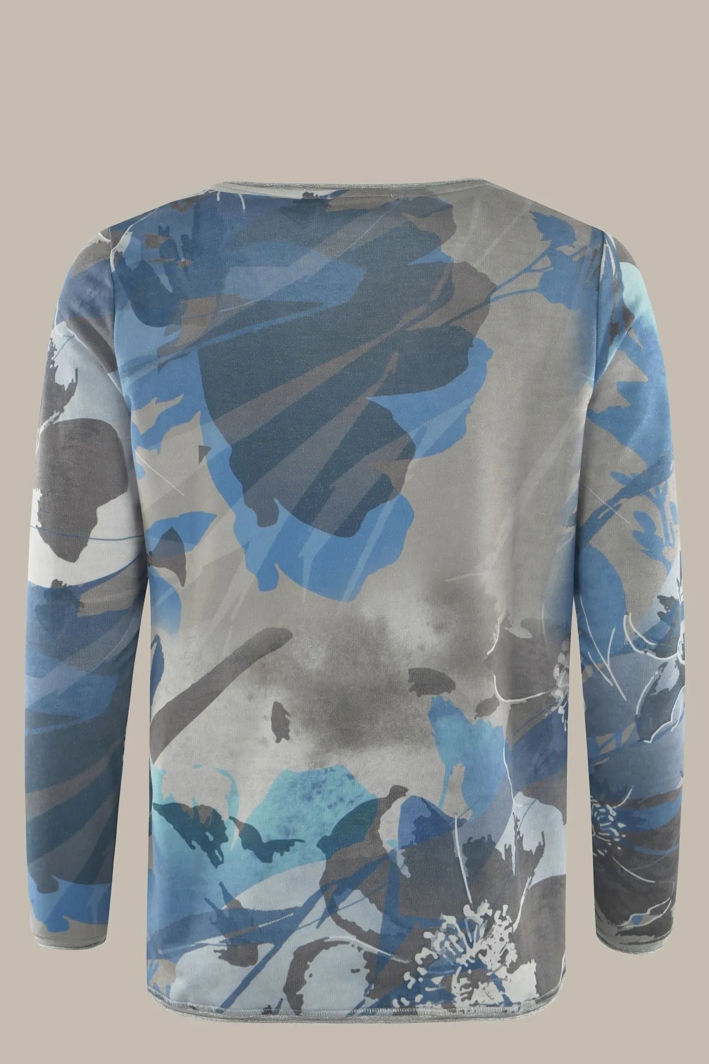 Blaues und graues Sweatshirt mit Blumendruck und langen Ärmeln.