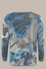 Blaues und graues Sweatshirt mit Blumendruck und langen Ärmeln.