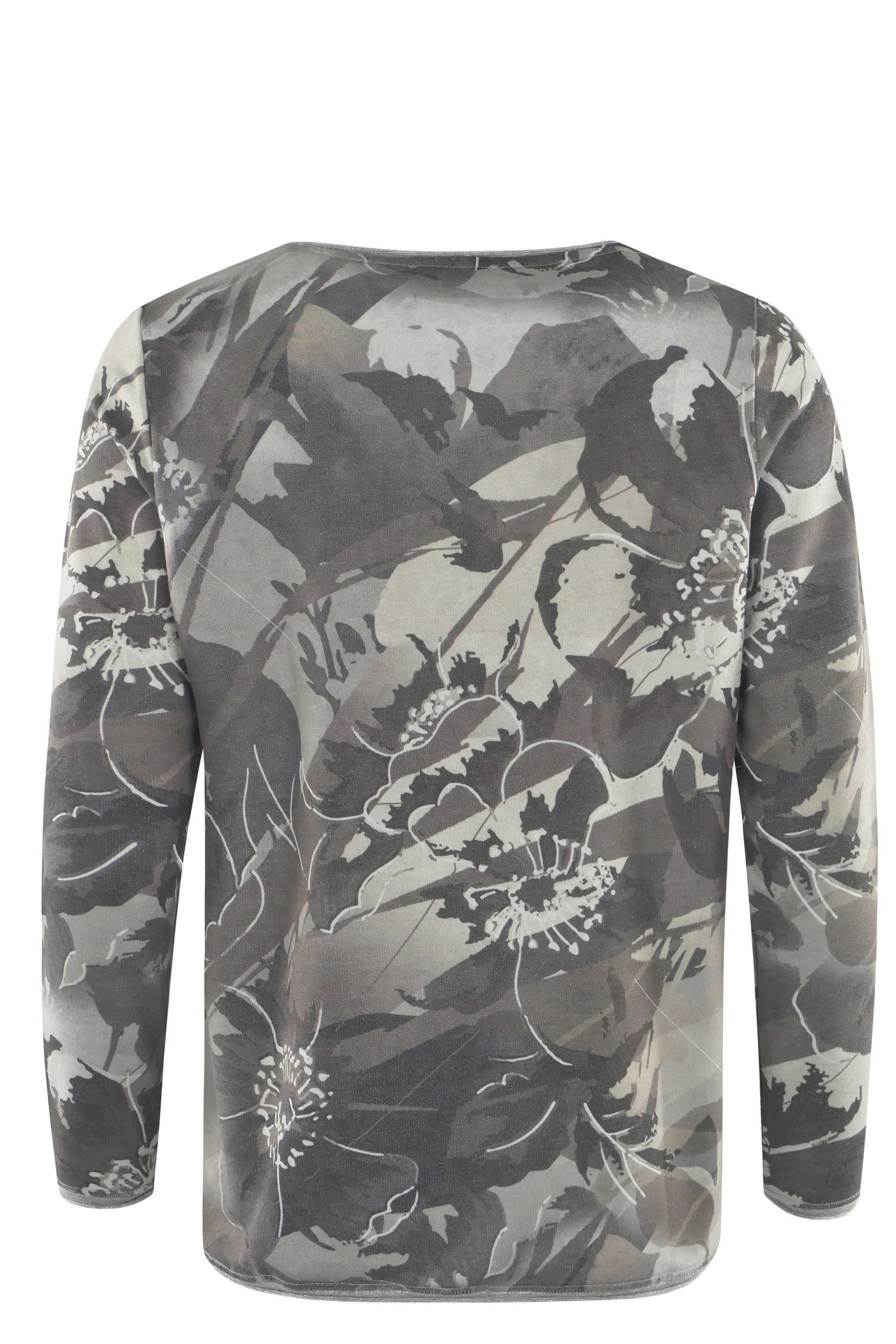 Anthrazitfarbenes Langarmshirt mit Blumendruck und Rundhalsausschnitt.