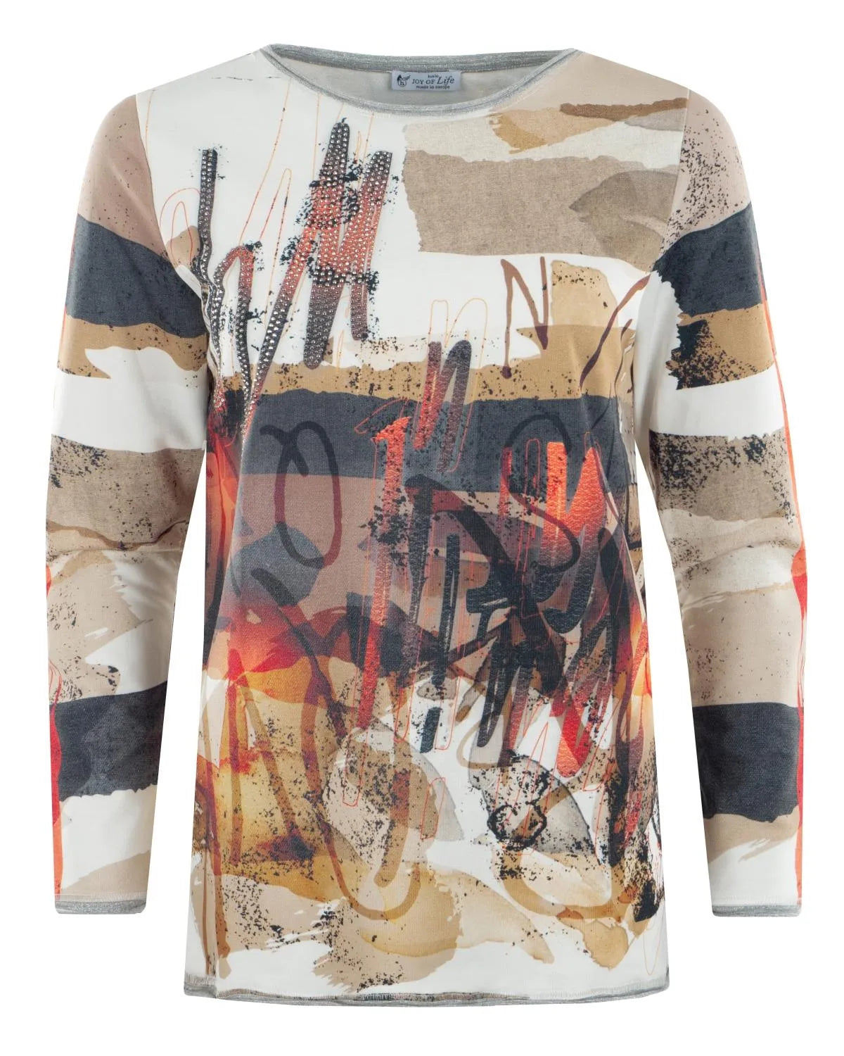 Abstraktes Langarmshirt mit Kunstdruck in Beige-, Marineblau- und Orangetönen.