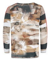 Camouflage-Langarmshirt mit abstraktem Muster und roten Akzenten.