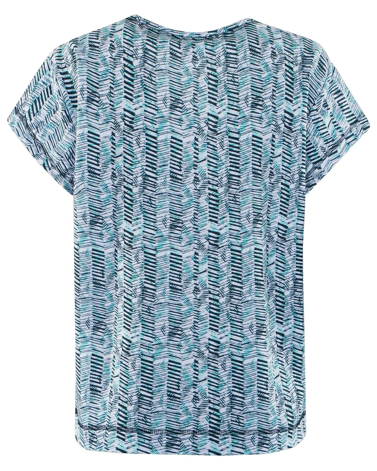 Blaues und grünes T-Shirt mit abstraktem Muster und kurzen Ärmeln.