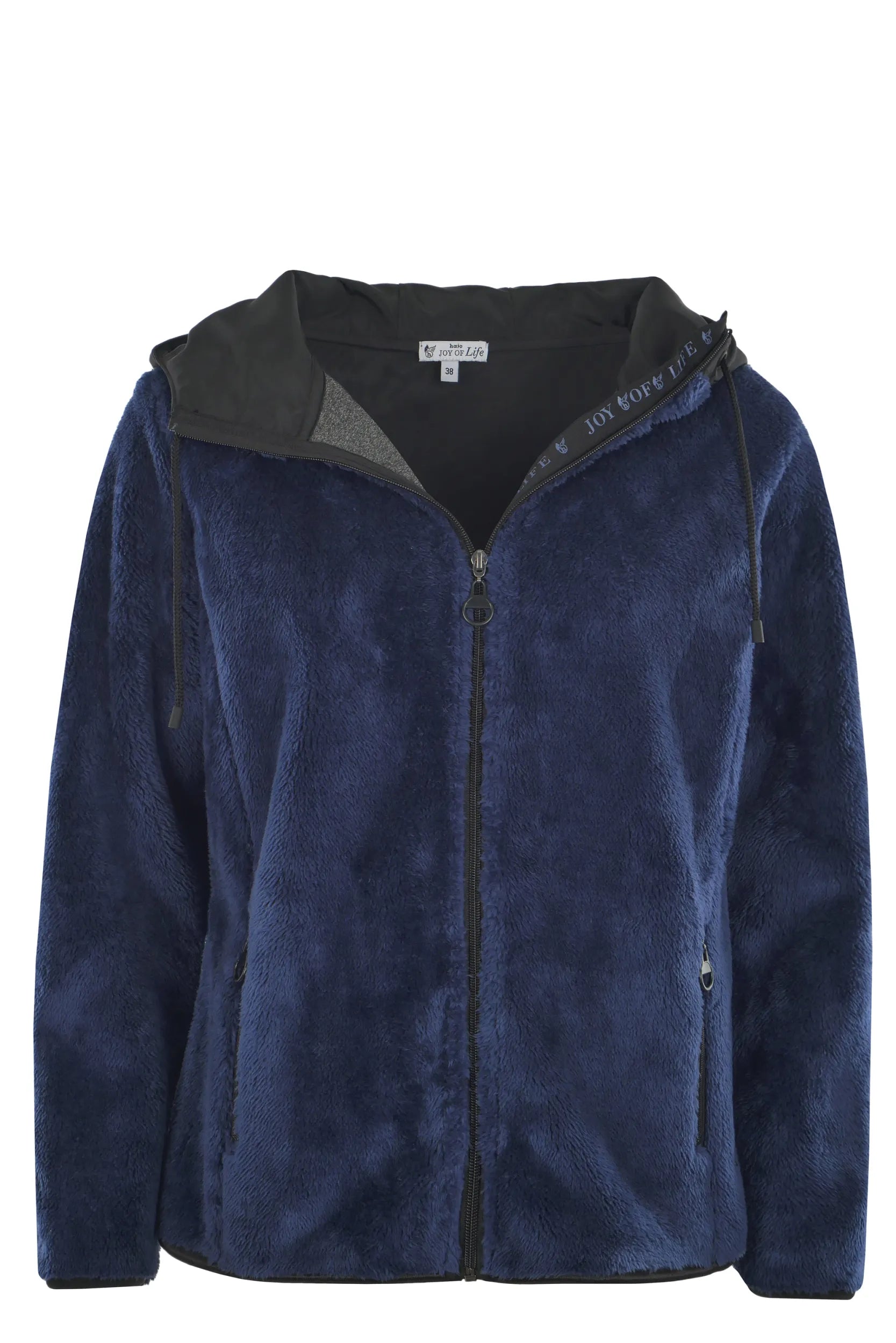 Marineblaue Veloursjacke mit Reißverschluss, Kapuze und Taschen.
