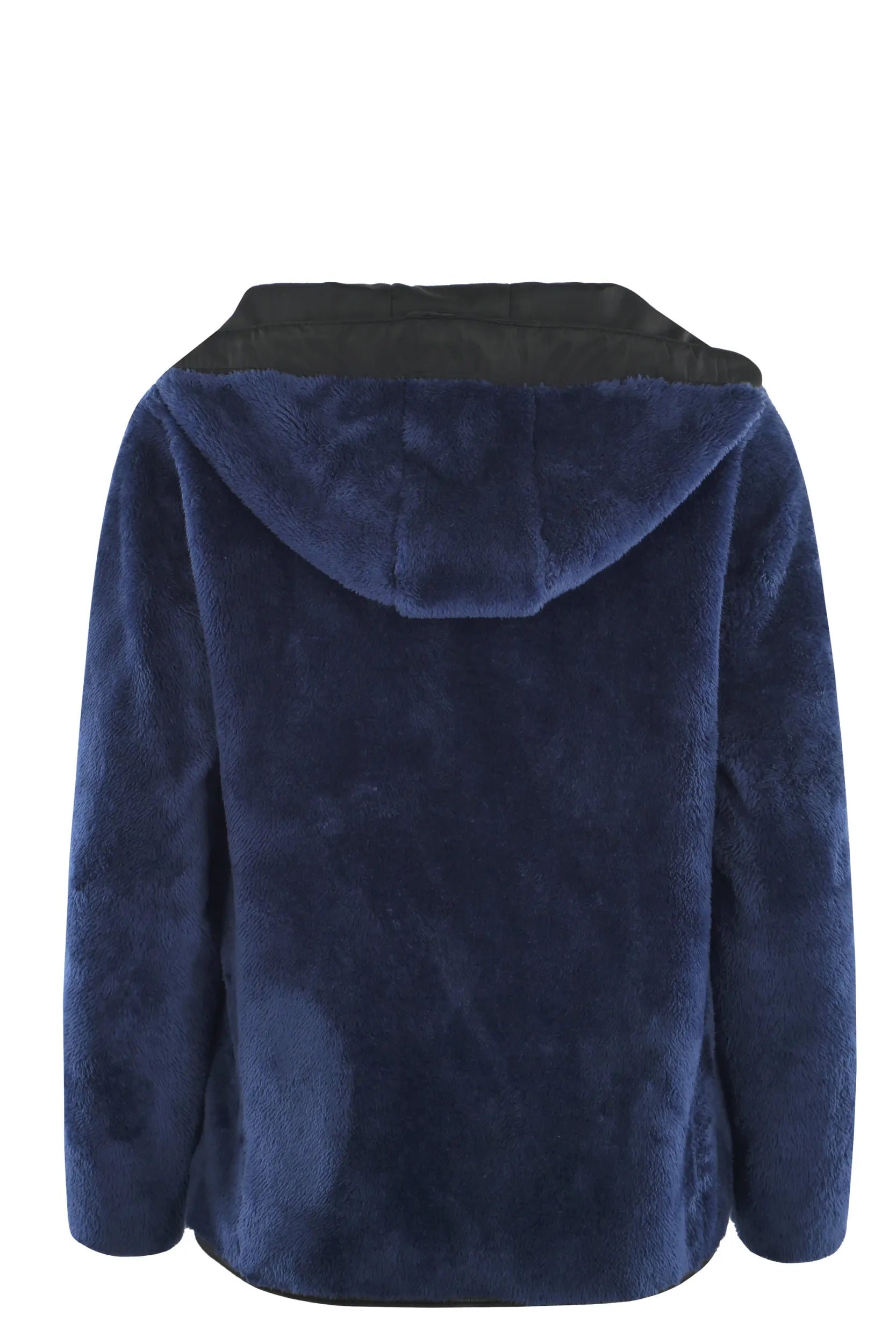 Marineblaue Plüsch-Kapuzenjacke mit Kordelzugverschluss und Rippbündchen.