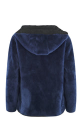 Marineblaue Plüsch-Kapuzenjacke mit Kordelzugverschluss und Rippbündchen.