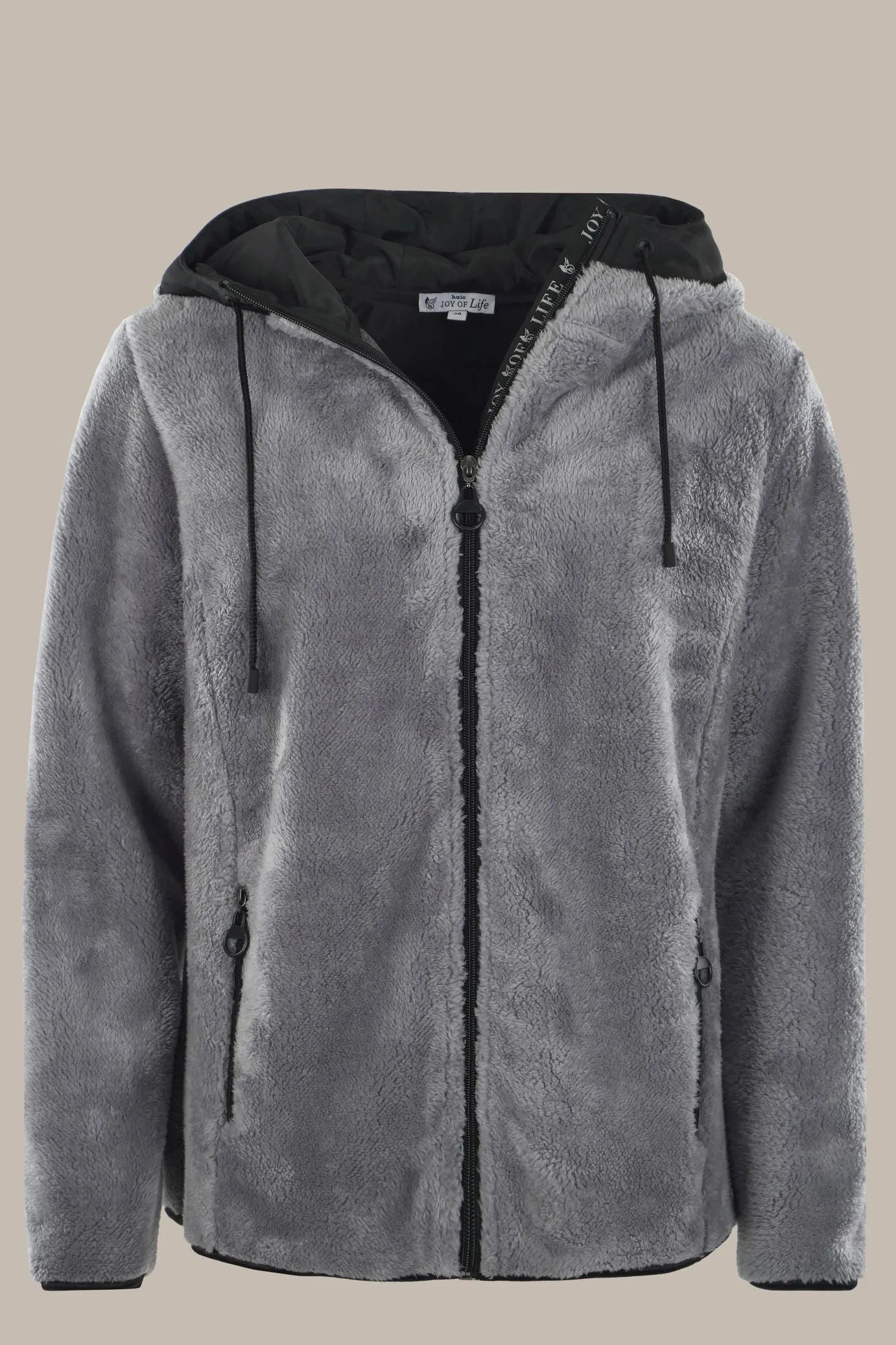 Grauer Fleece-Kapuzenpullover mit Reißverschluss, schwarzen Akzenten und Kapuzenfutter.