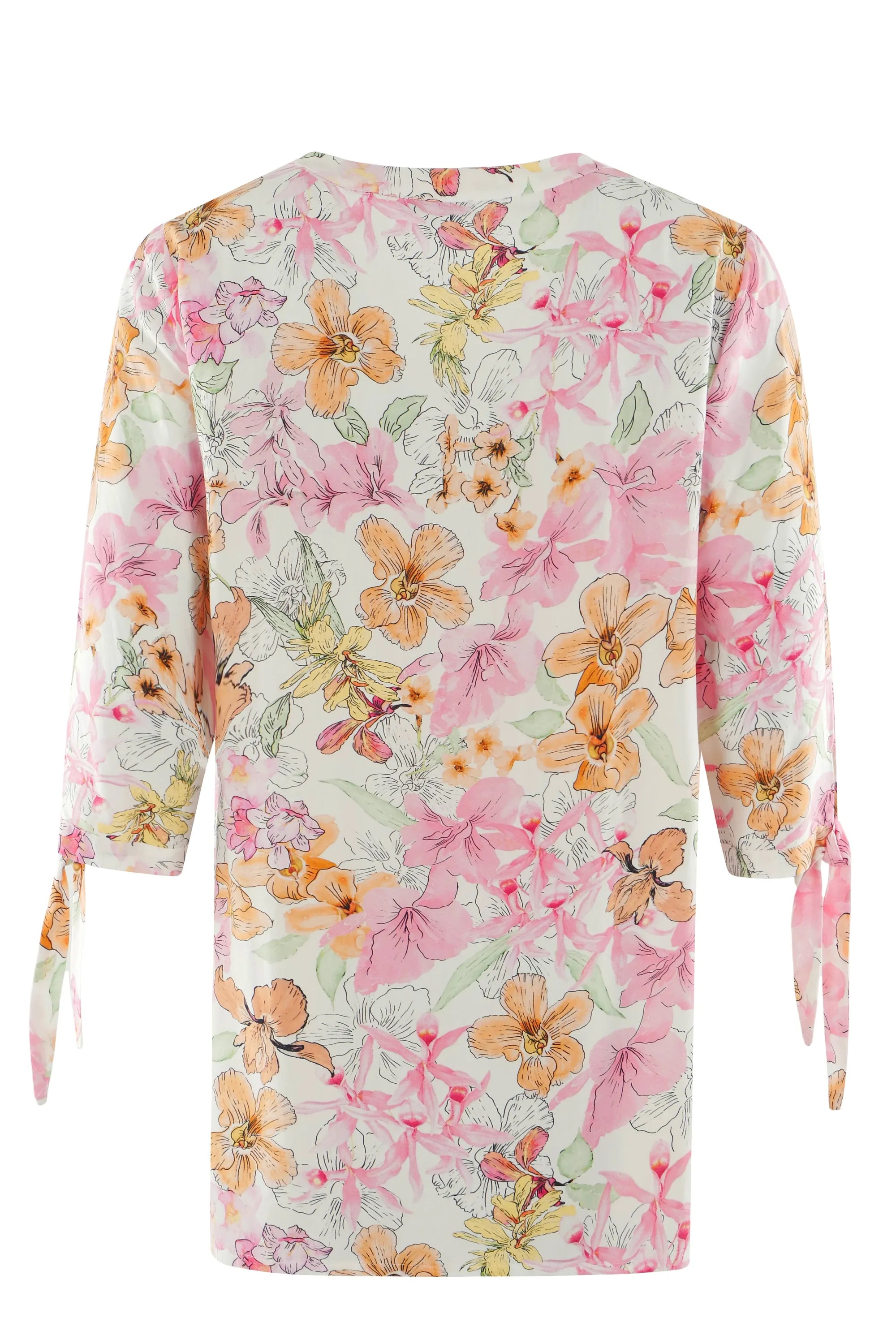 Bluse mit Blumendruck, 3/4-Ärmeln und Bindedetails.