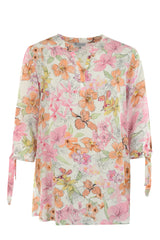 Bluse mit Blumendruck, Bindeärmeln und Rundhalsausschnitt.