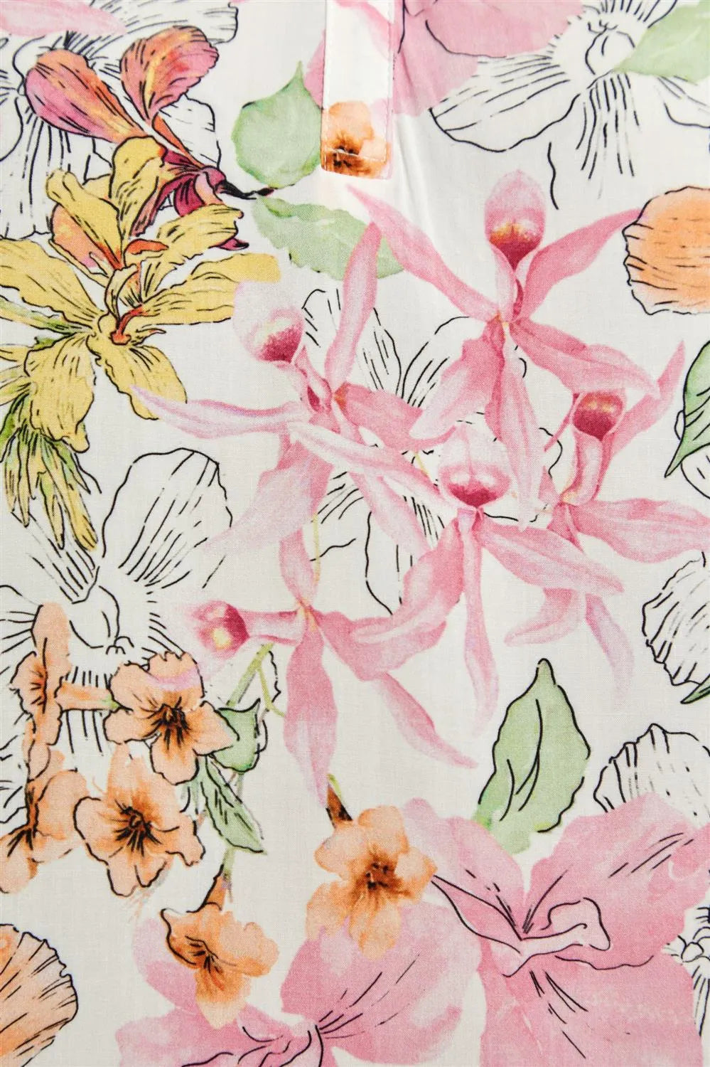 Floral gemusterter Stoff mit leuchtenden Rosa-, Gelb- und Grüntönen auf weißem Hintergrund.