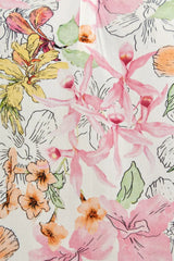 Floral gemusterter Stoff mit leuchtenden Rosa-, Gelb- und Grüntönen auf weißem Hintergrund.