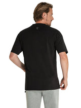 Schwarzes doppelpaar rundhals t-shirt mit kurzem arm und dezentem logo im nacken auf der rückseite