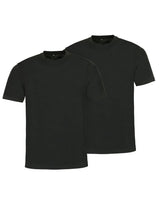 Schwarzes T-Shirt mit Rundhalsausschnitt, kurzen Ärmeln und geripptem Halsausschnitt, aus Baumwolle.