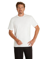 Weißes T-Shirt mit Rundhalsausschnitt, kurzen Ärmeln und geripptem Halsausschnitt, aus Baumwolle.