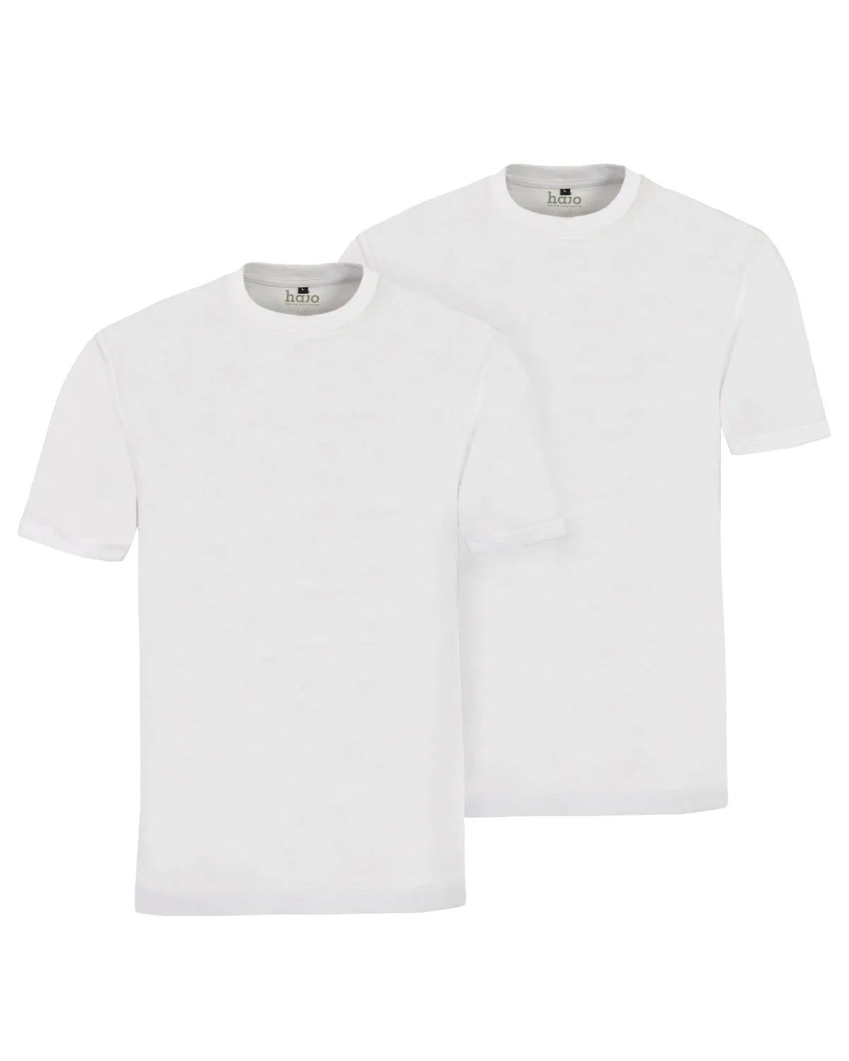 Weißes T-Shirt mit Rundhalsausschnitt, kurzen Ärmeln und geripptem Halsausschnitt, aus Baumwolle.