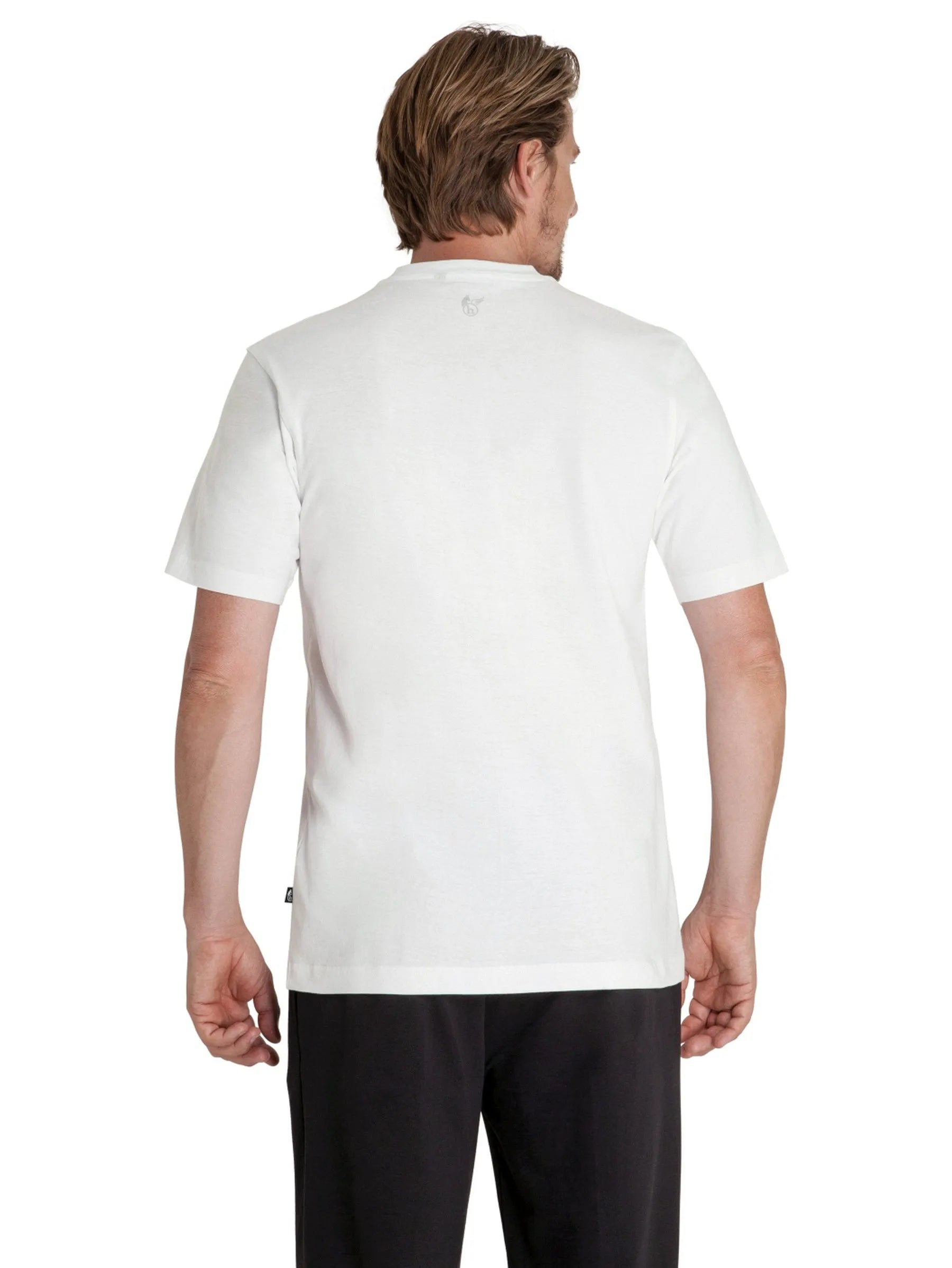 Weiße kurzärmelige rundhals doppelpack-t-shirt mit kleinem logo am nacken und etikett am saum rückansicht
