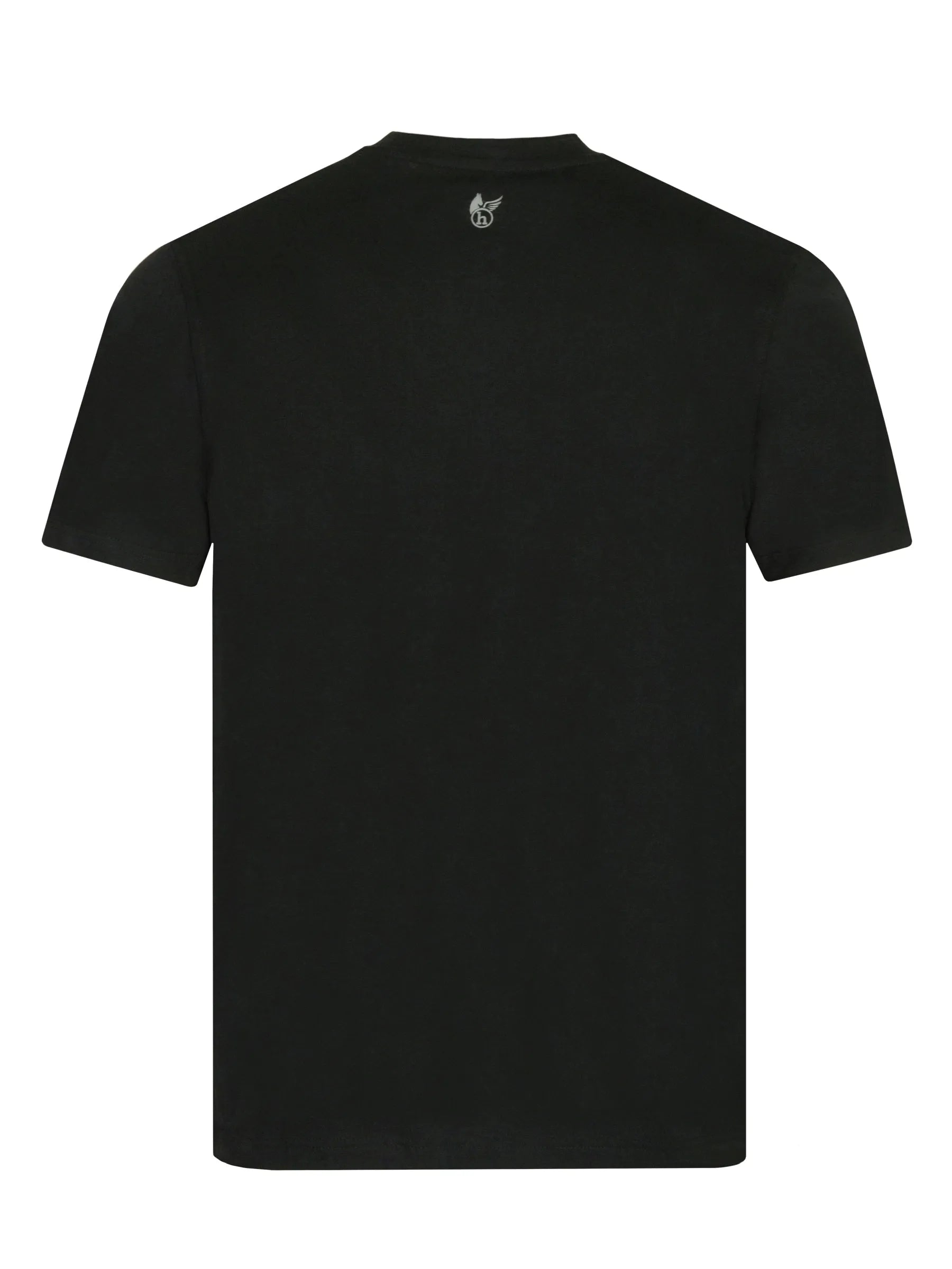 Schwarzes kurzarm-doppelpack-t-shirt rundhals mit kleinem silberlogo am ausschnitt aus hochwertigem material