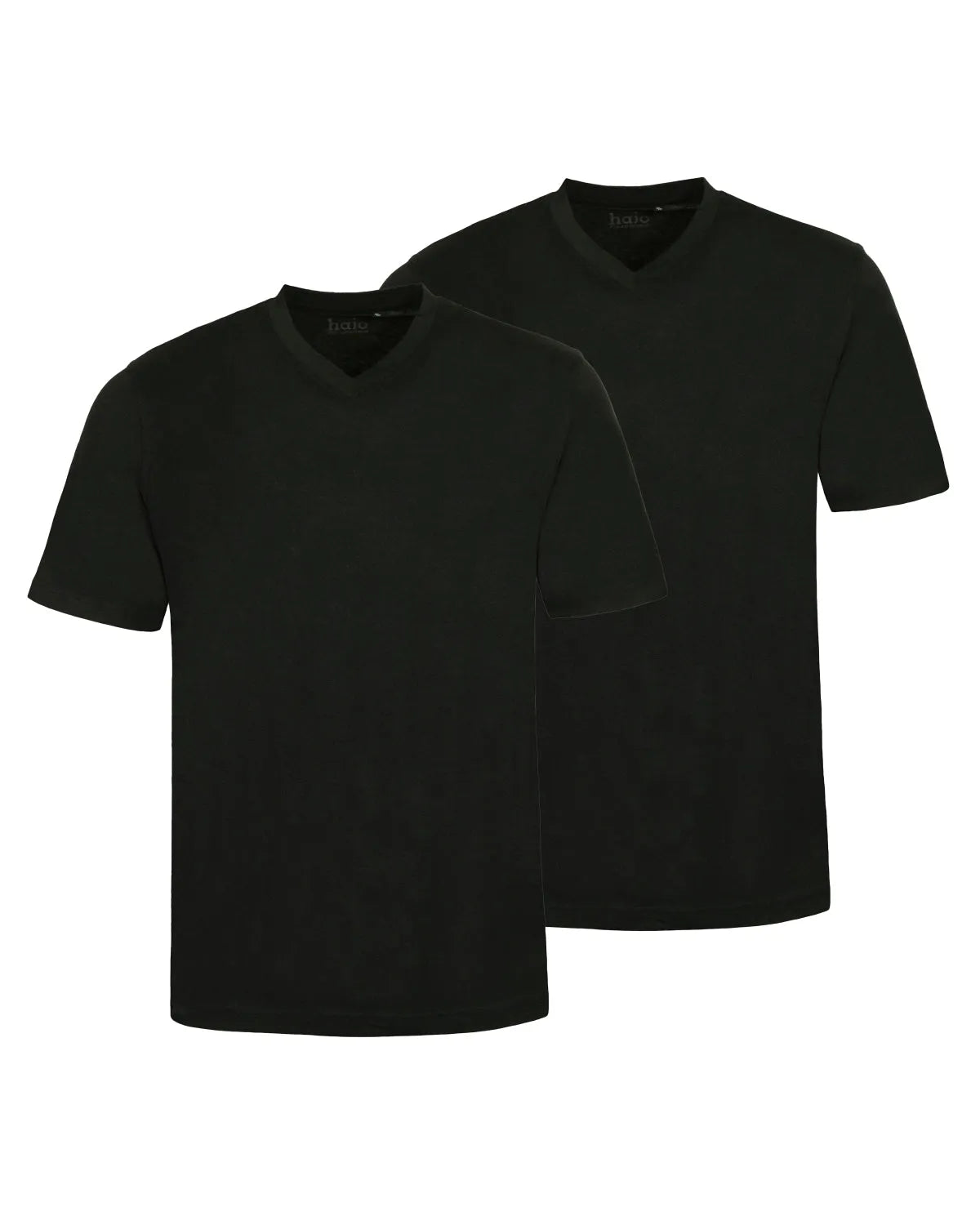 Schwarzes T-Shirt mit V-Ausschnitt, kurzen Ärmeln und geripptem Halsausschnitt, aus Baumwolle.
