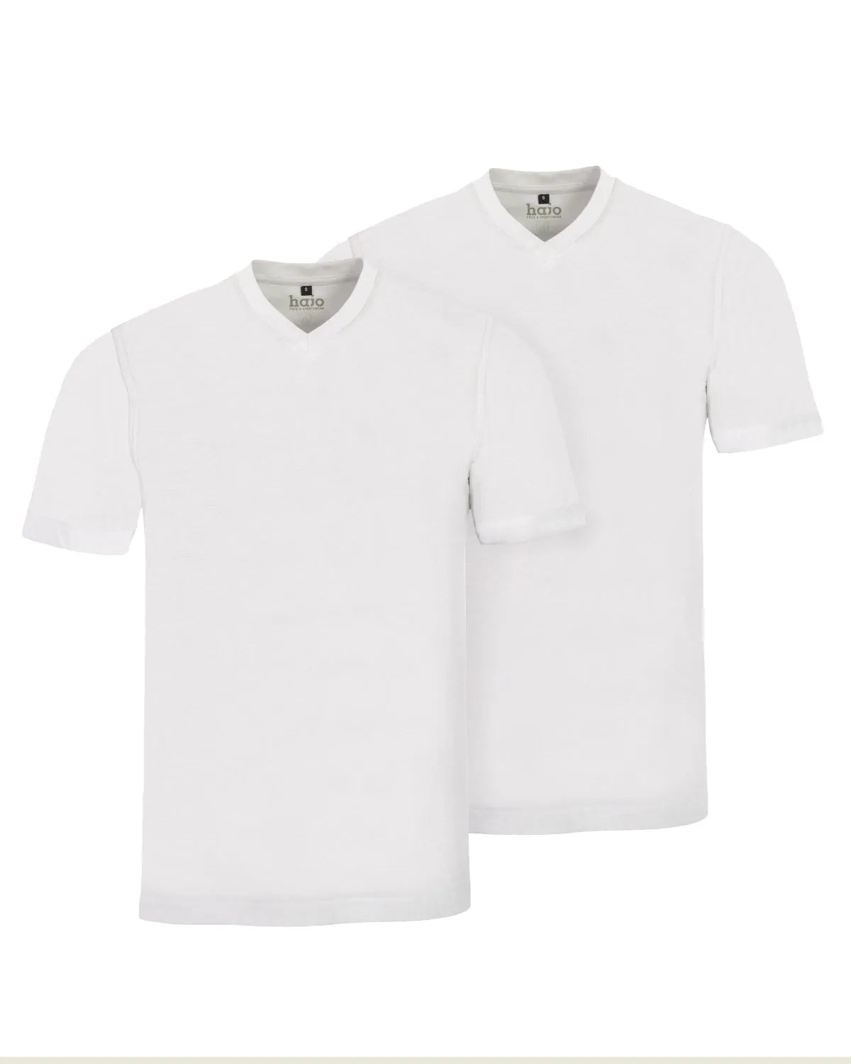 Weißes T-Shirt mit V-Ausschnitt, kurzen Ärmeln und geripptem Halsausschnitt, aus Baumwolle.