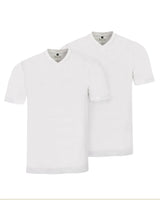 Weißes T-Shirt mit V-Ausschnitt, kurzen Ärmeln und geripptem Halsausschnitt, aus Baumwolle.