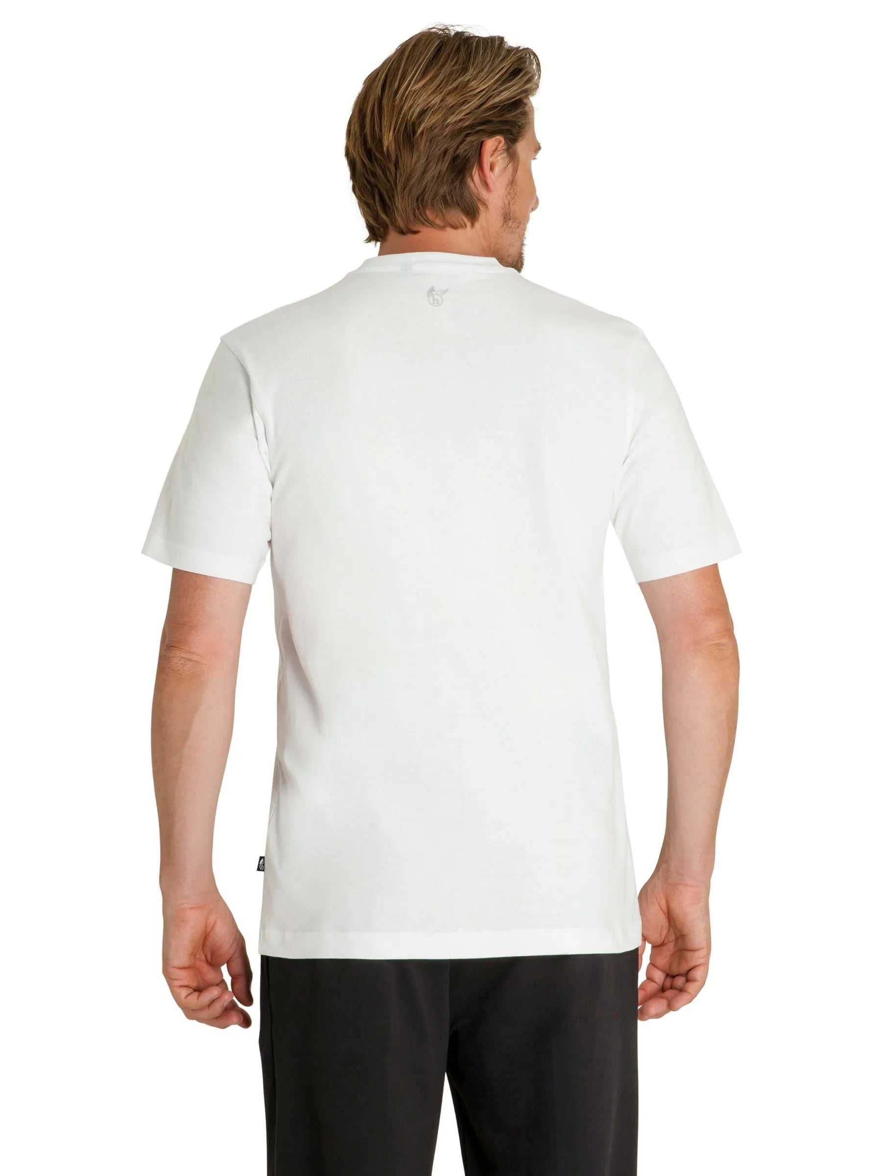 Weiße kurzärmlige doppelpack t-shirt v-ausschnitt rückansicht mit kleinem logo am kragen und etikett am saum