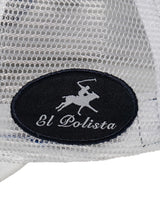 Weißes mesh el polista kappe mit schwarzem ovalem patch und weißem besticktem polo spieler logo