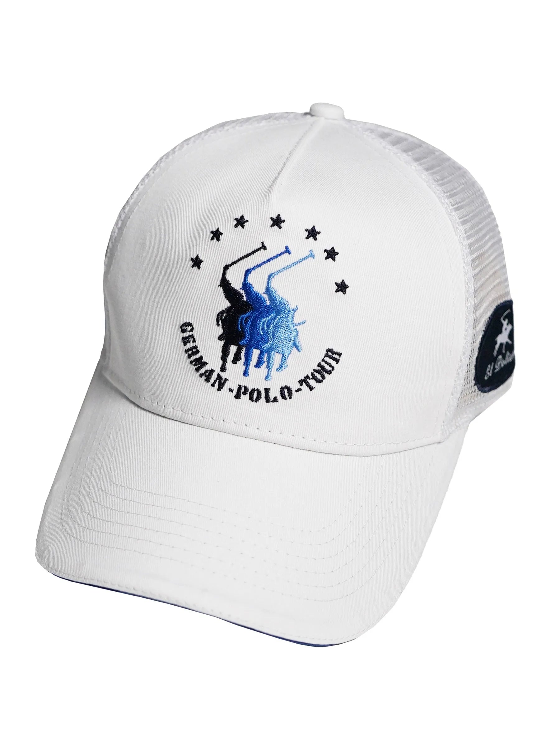 Weiße trucker-kappe el polista mit blau gesticktem polo spieler logo und german-polo-tour text, mesh-rückseite