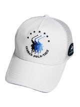 Weiße trucker-kappe el polista mit blau gesticktem polo spieler logo und german-polo-tour text, mesh-rückseite