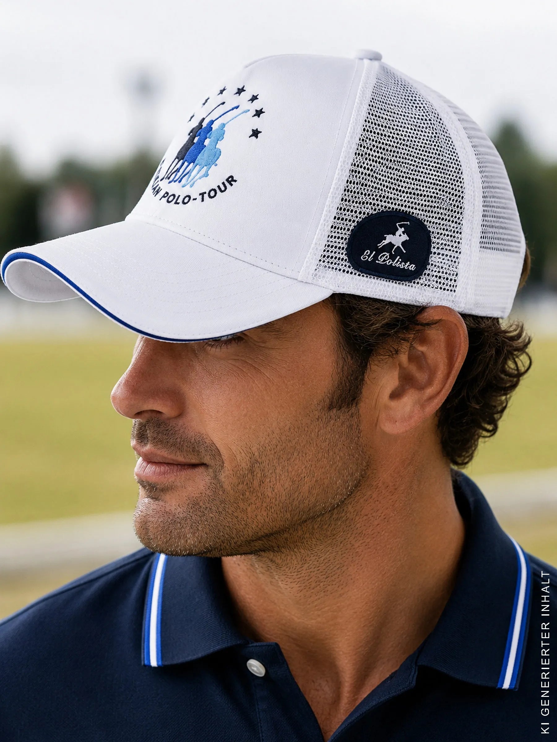 Weiße polista kappe trucker mit blauem sticklogo polo spieler und sternen, mesh-rücken und navy hajo mode patch
