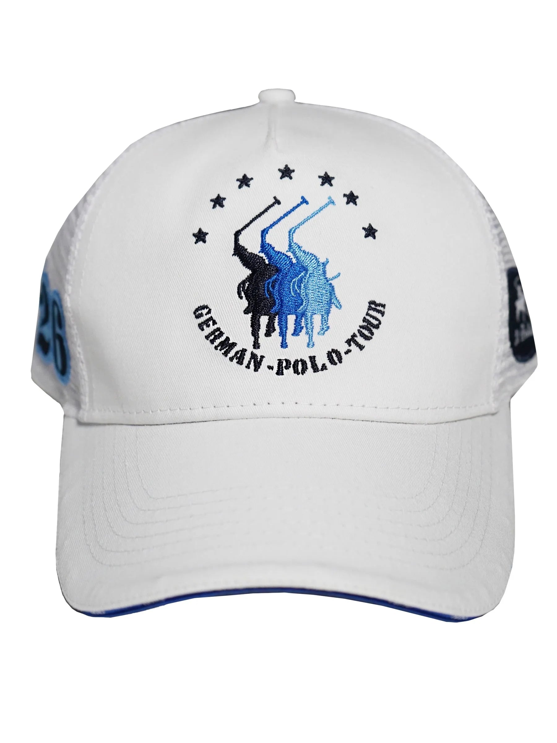 Weiße el polista kappe mit gesticktem blau-schwarzem polo spieler logo, sternen und german-polo-tour schriftzug