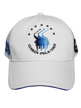 Weiße el polista kappe mit gesticktem blau-schwarzem polo spieler logo, sternen und german-polo-tour schriftzug